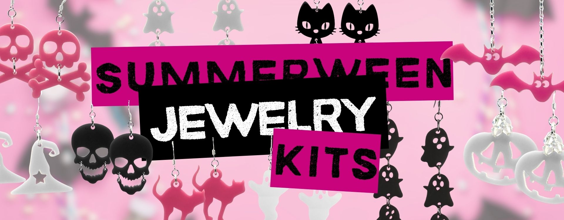 Promotional banner for 'Summerween Jewelry Kits' with Halloween-themed jewelry on a pink background.