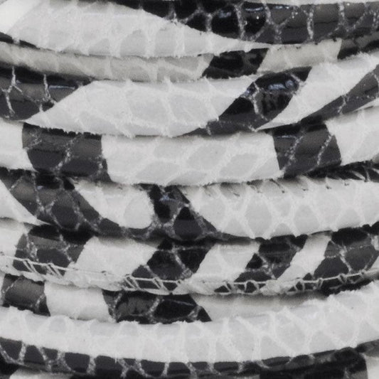 5mm Zebra Print Stitched Suede Round Leather Cord - Black and White (Sold per Inch) - Too Cute Beads