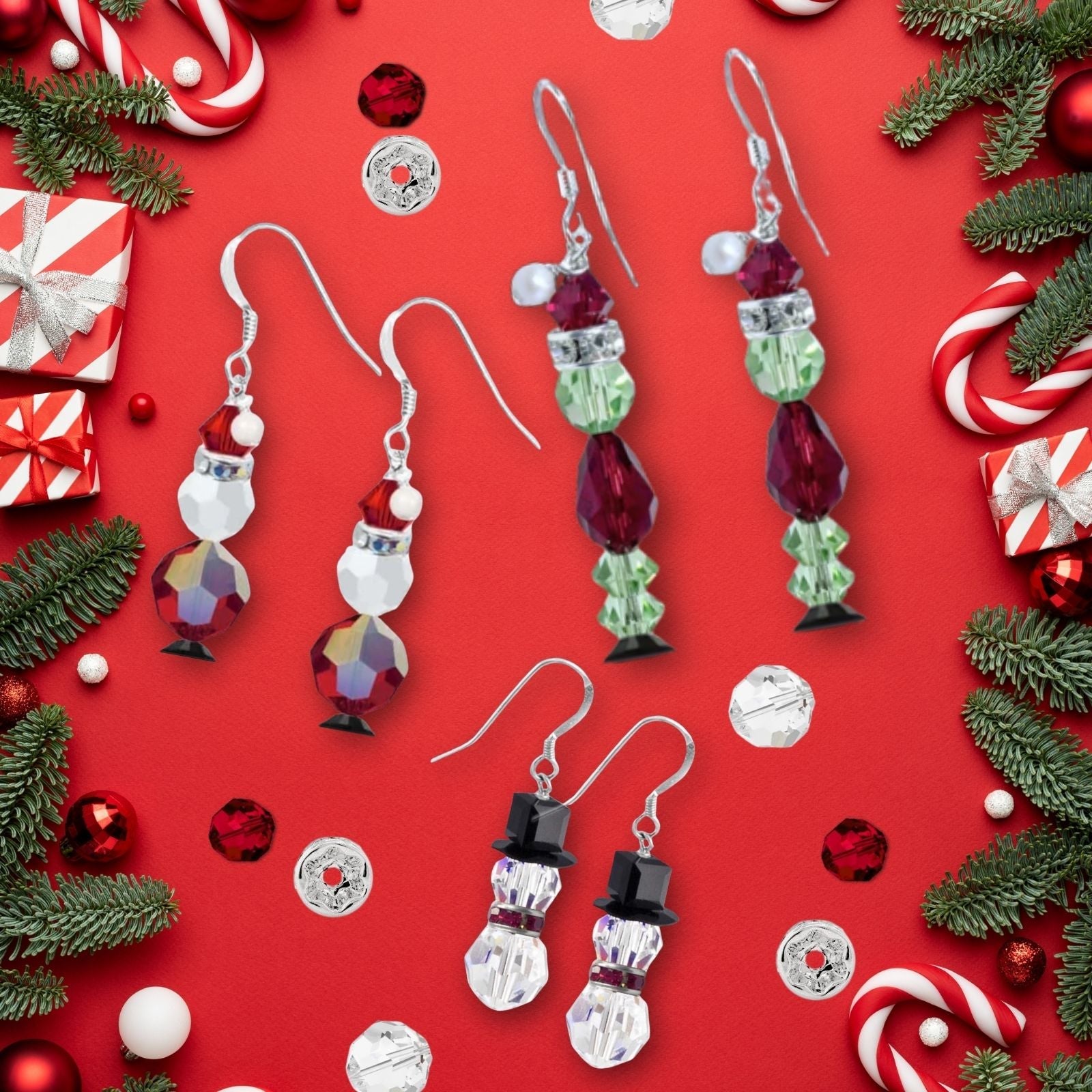 Grinch, Santa and Snowman Earring kits on a Christmas Themed Background