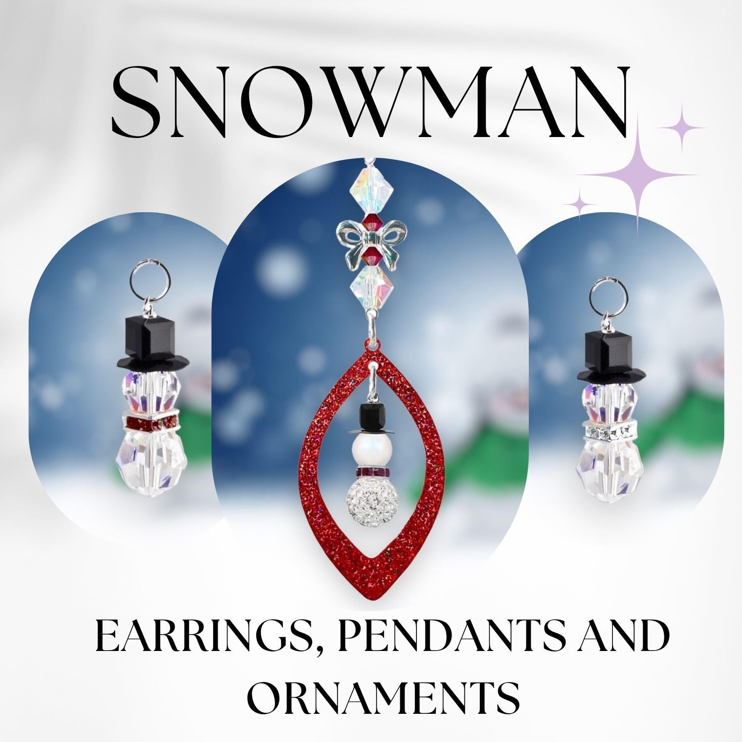 Snowman-themed earrings, pendants, and ornaments with a festive background.