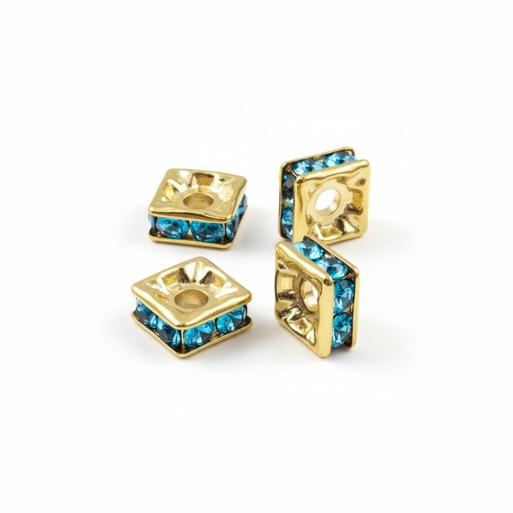 6mm Gold Plate Squaredell – Aquamarine Crystal Spacer Bead
