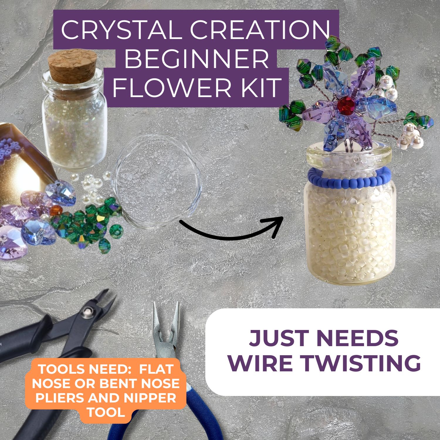Crystal creation beginner flower kit with tools on a gray background
