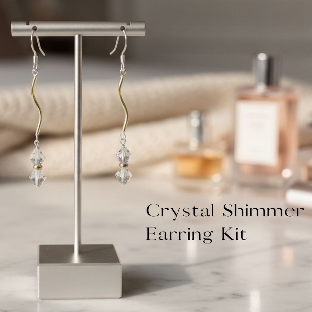 Crystal Shimmer Earring Kit on a stand with a blurred background