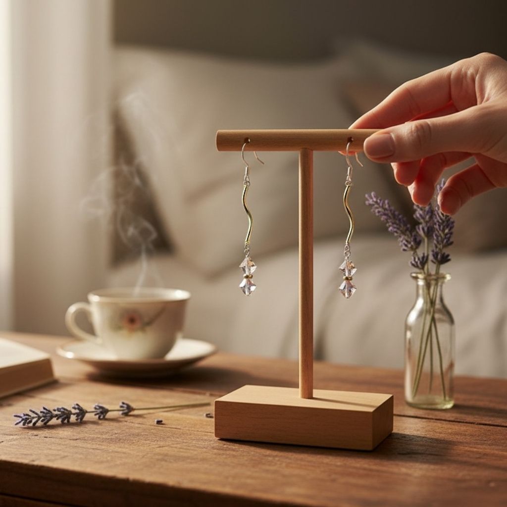 Hand holding a wooden earring stand with earrings, blurred background of a cozy room.