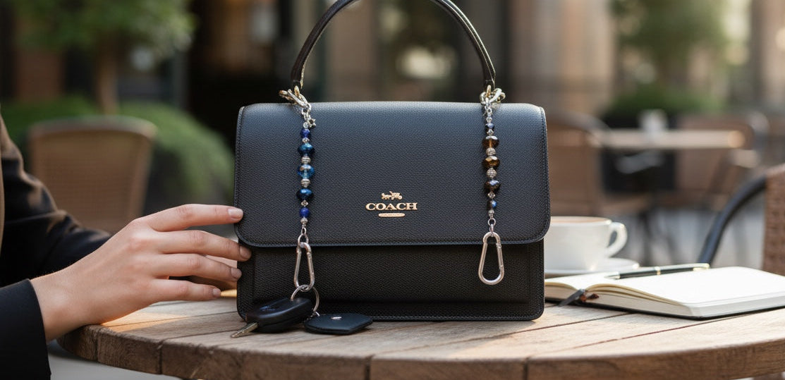 Person holding a Coach handbag with our beaded key chain tethers at an outdoor cafe table