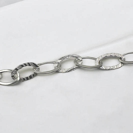 .925 Sterling Silver Handmade Plain & Textured Oval Chain - 11mm (1 Foot)