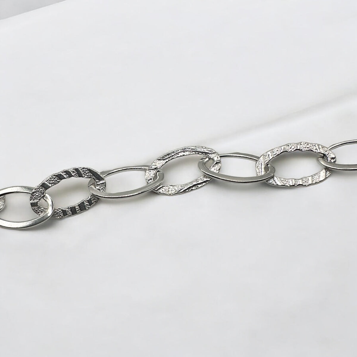 .925 Sterling Silver Handmade Plain & Textured Oval Chain - 11mm (1 Foot)