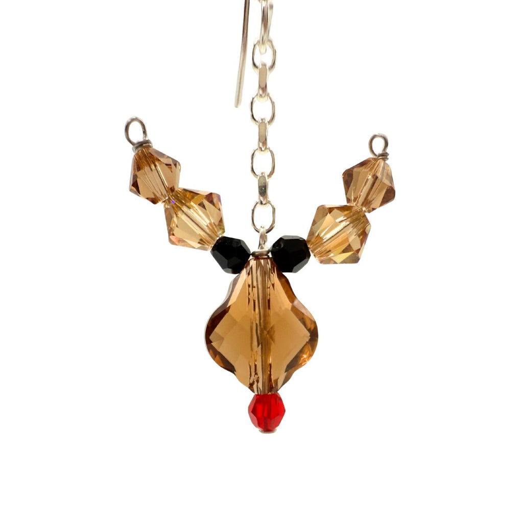 Close up of our rudolph earrings on a white background