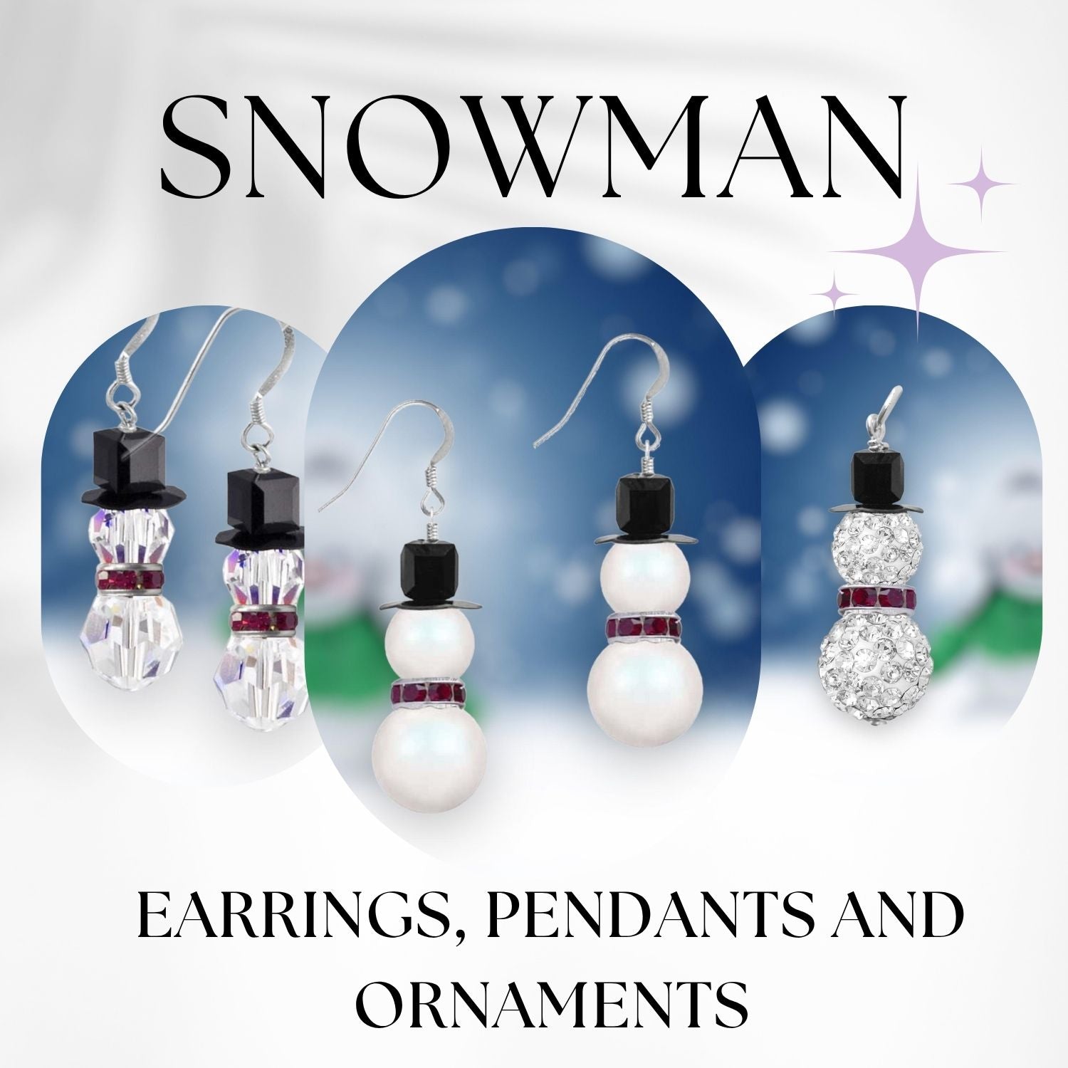 Snowman-themed earrings, pendants, and ornaments on a festive background with 'SNOWMAN' text.