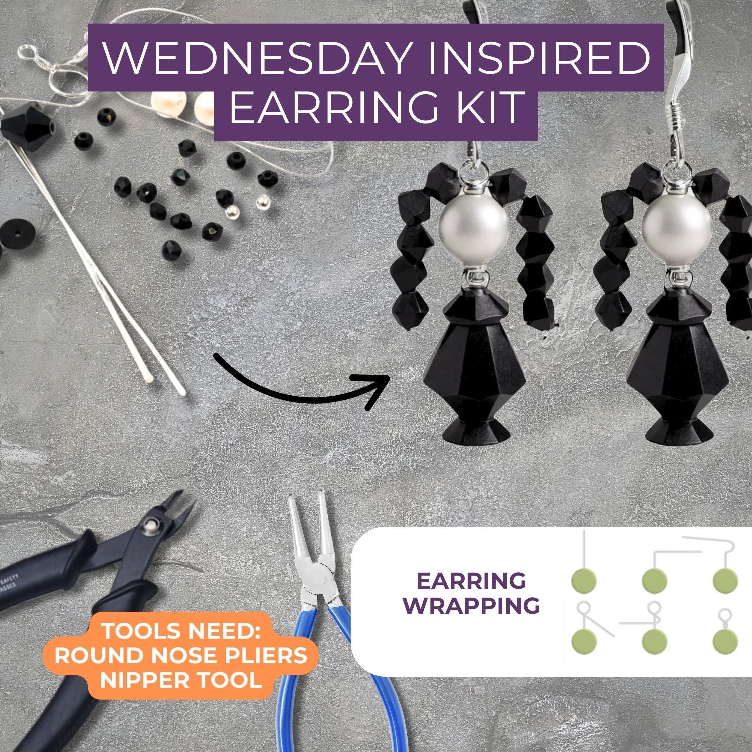 Earring-making kit with black and white earrings, tools, and instructions on a gray surface.