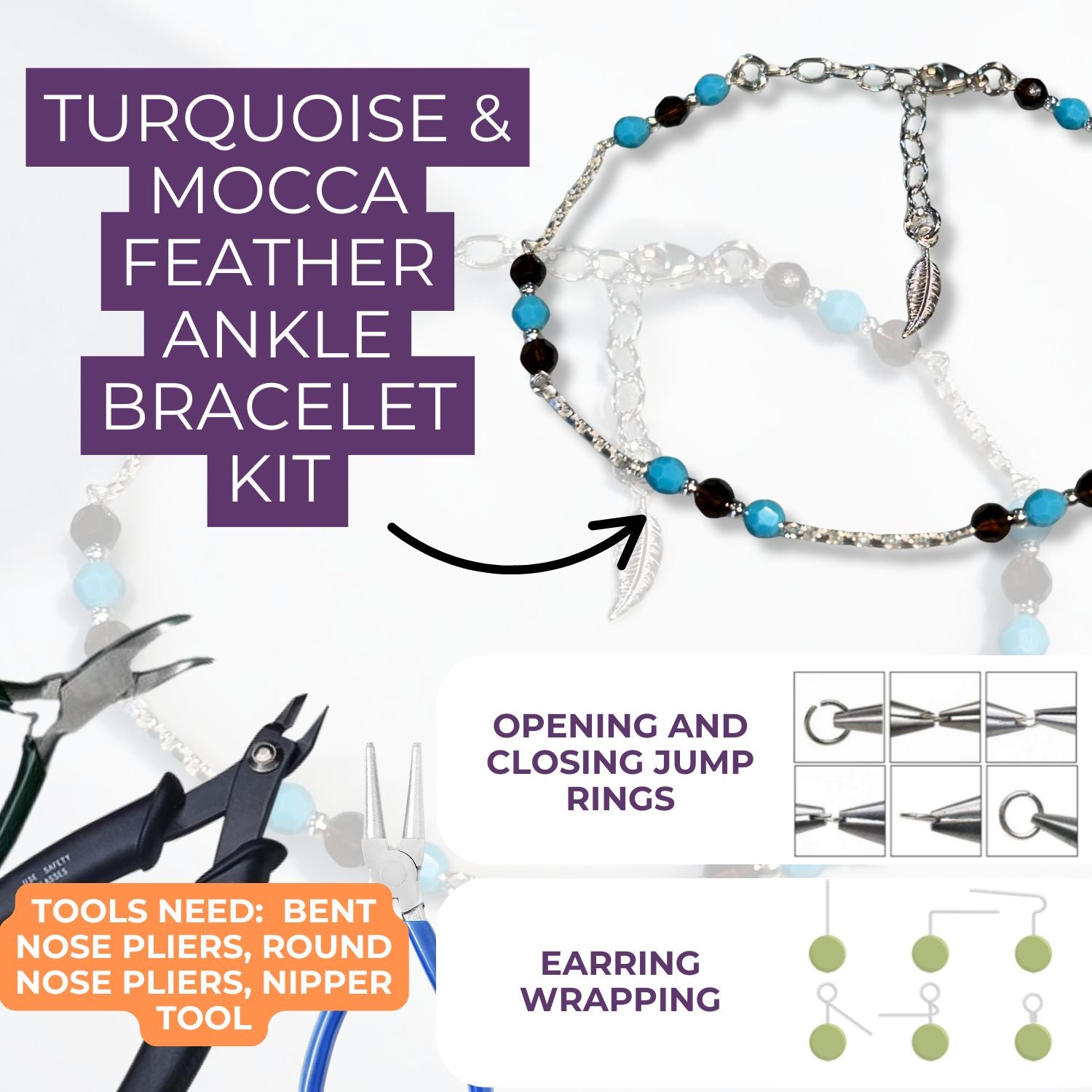 Turquoise & Mocca Feather Ankle Bracelet Kit