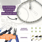 Jewelry-making kit with bracelet, tools, and instructions on a white background