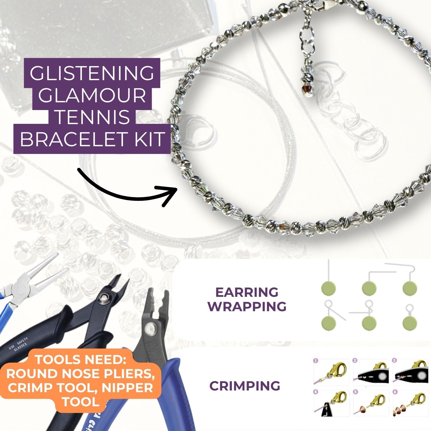 Jewelry-making kit with bracelet, tools, and instructions on a white background