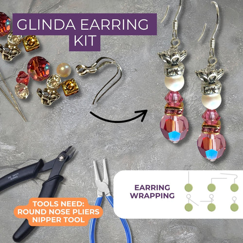 Glinda earring kit with jewelry-making tools on a gray surface