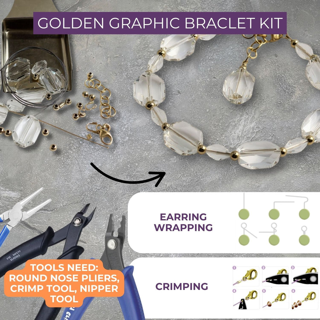 Jewelry-making kit with bracelet, tools, materials and instructions on a gray surface.
