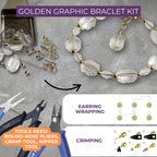 Jewelry-making kit with bracelet, tools, materials and instructions on a gray surface.