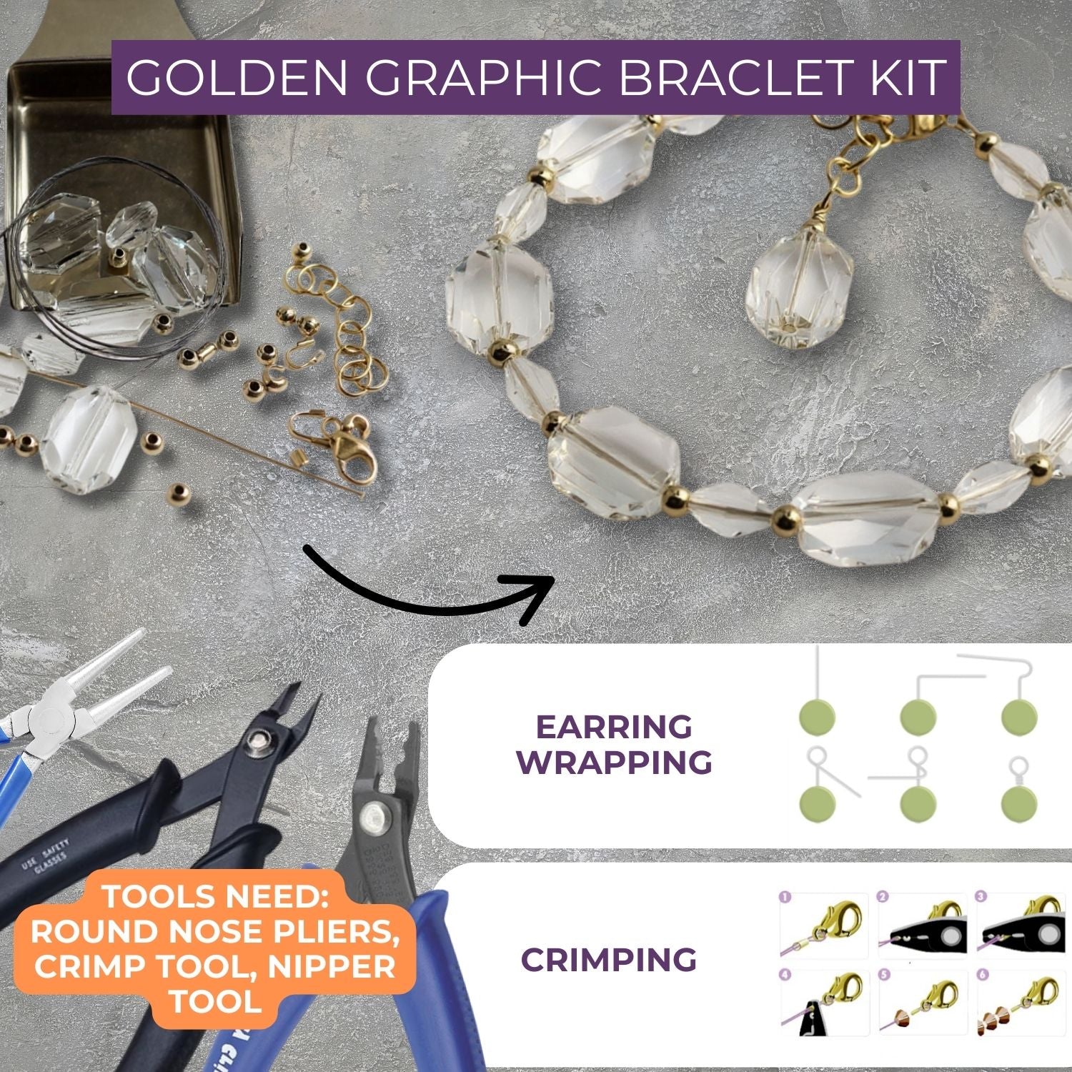 Jewelry-making kit with bracelet, tools, materials and instructions on a gray surface.