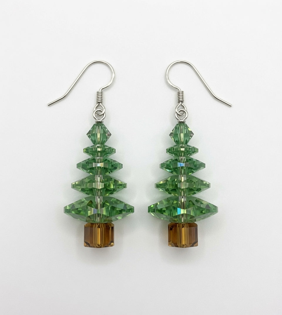 Swarovski Crystal Peridot Christmas Tree Earring on ear model