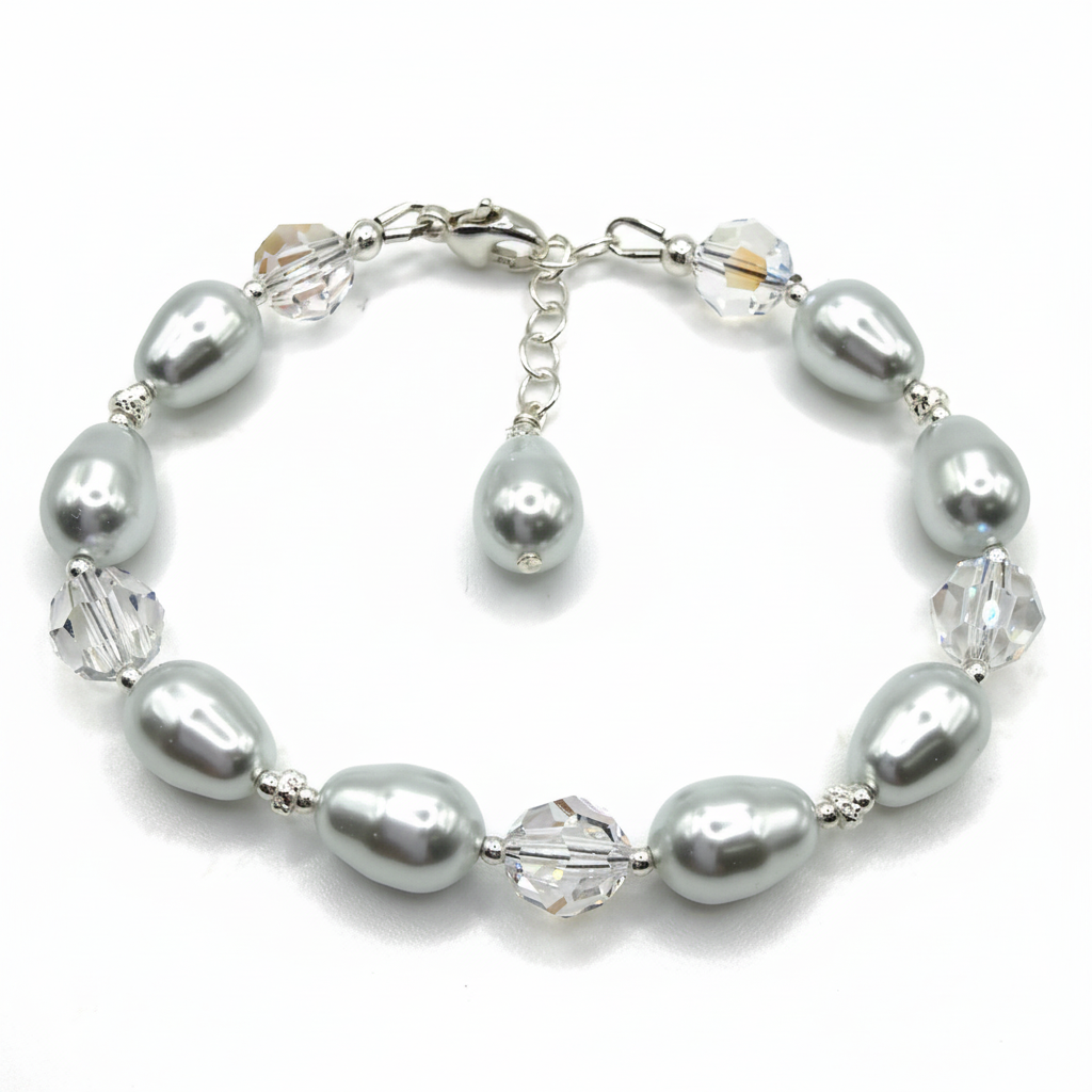 Crystal moonlight pearl and sterling silver bracelet kit on a pure white background