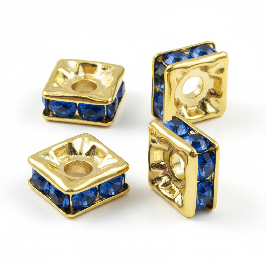4mm Gold Plate Squaredell - Montana blue Swarovski crystals, multiple angles