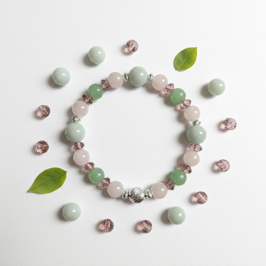 Burma Jade and Pink Morganite bracelet kit flat lay with loose beads and greenery