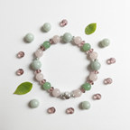 Burma Jade and Pink Morganite bracelet kit flat lay with loose beads and greenery