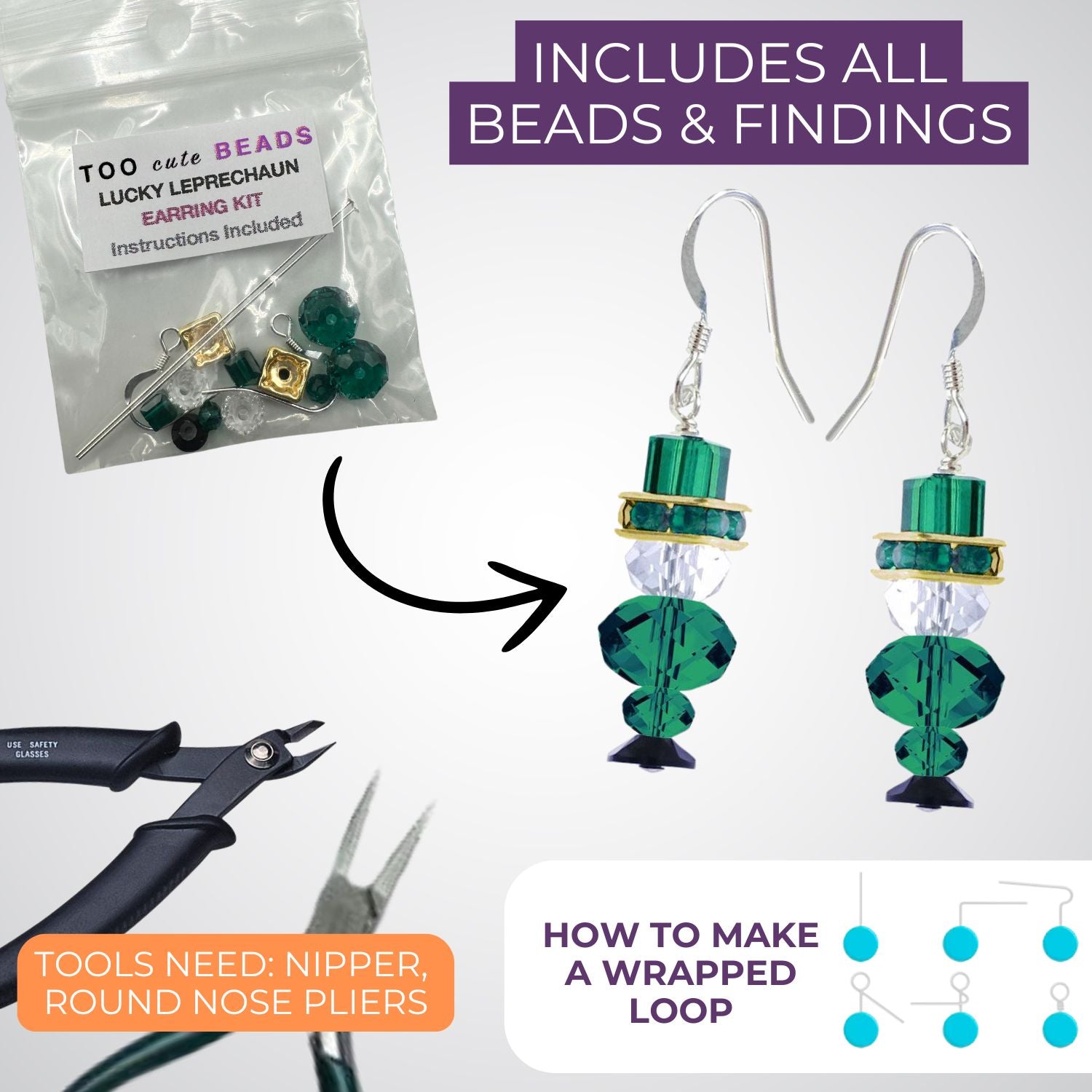 DIY Lucky Leprechaun Earring Kit from Too Cute Beads, showing green and clear Swarovski crystal earrings with a leprechaun hat design, kit contents, tools like nippers and pliers, and wrapped loop instructions for St. Patrick’s Day crafting