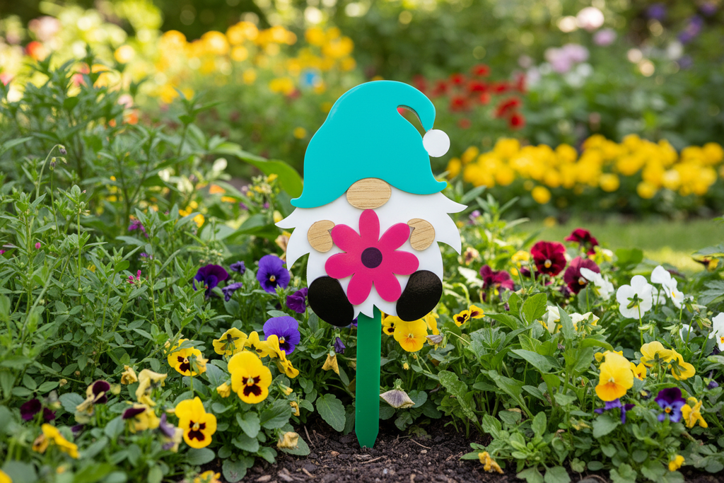 Teal Hat Gnome in Garden