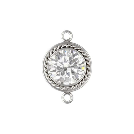 .925 Sterling Silver 4mm Round CZ Fancy Bezel Connector - Clear (April) - Too Cute Beads