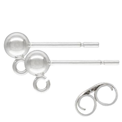 .925 Sterling Silver Earring Ball Post with Backing - 4mm (1 Pair)