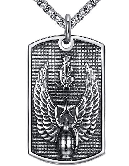 Heavy Army Wing Grenade Dog Tag Pendant Necklace