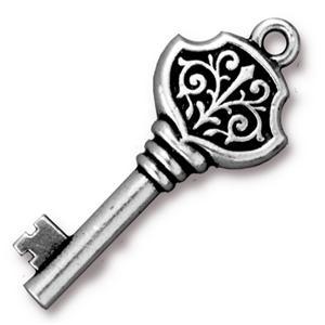 TierraCast - 36 x 15mm Victorian Key Charm - Silver Plate (1 Piece) - Too Cute Beads