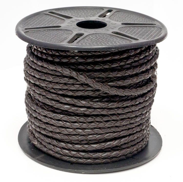 4mm Round Braided Indian Leather - Dark Brown (Sold by the Inch) - Too Cute Beads