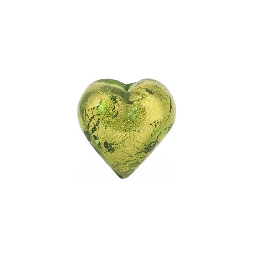 12mm Murano Heart Beads - Gold Foiled Peridot - Too Cute Beads