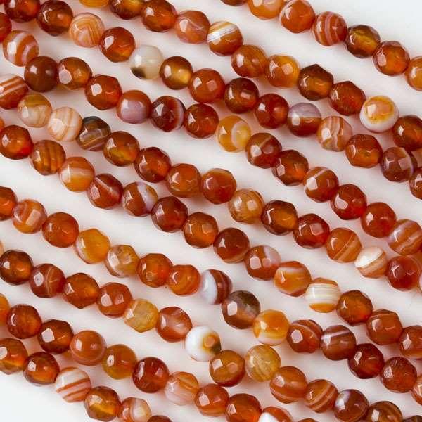 4mm Round Grade A Gemstone Beads - Faceted Red Stripe Agate (Pack of 10) - Too Cute Beads