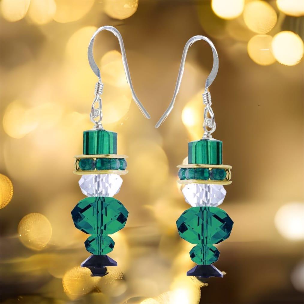 DIY Lucky Leprechaun Earring Kit with green beads and sterling silver findings," "Finished Lucky Leprechaun earrings for St. Patrick’s Day.