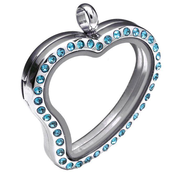 30mm Stainless Steel Magnetic Glass Heart Locket with Aqua Rhinestones