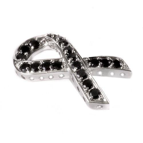 Bead Thru Awareness Ribbon 33x18mm Silver Plate with Jet CZ (1 Piece) - Too Cute Beads